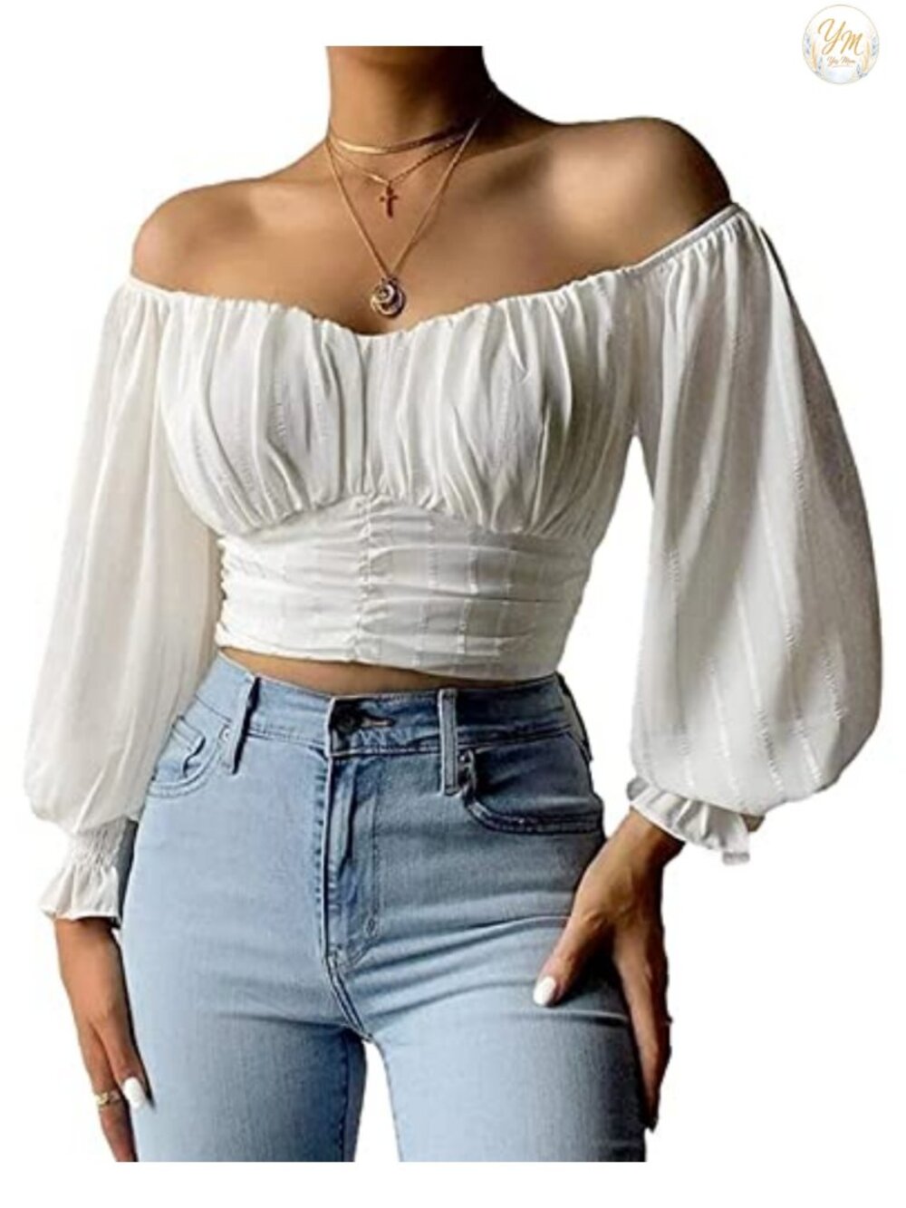Off Shoulder Puff Sleeve Chiffon Crop Top with Ruffle Trim